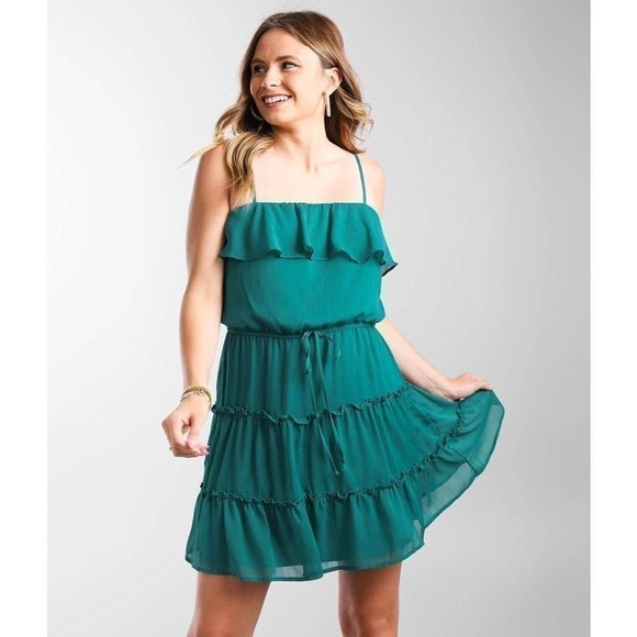 Nwt Daytrip Tiered Chiffon Mini Dress Teal size L - Picture 1 of 8